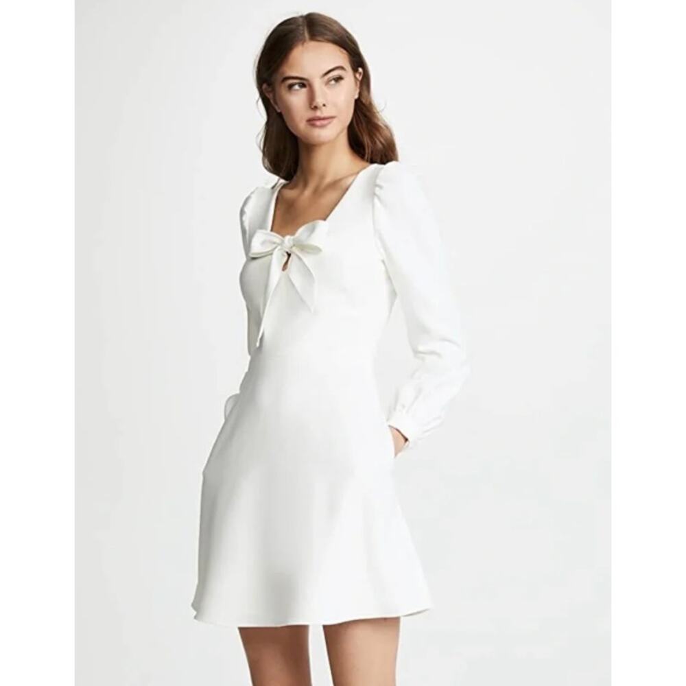 Black Halo Ellen Mini Dress Bow Long Puff Sleeve Coquette White Bridal Shower
